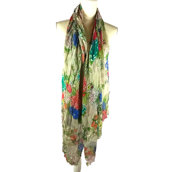 Scarf Women's Rectangle 72" X 23 Flowers Red Cream blue Green - Picture 5 of 6